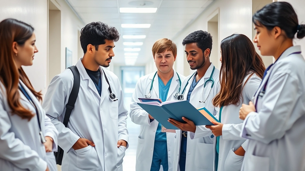 Diverse group of medical students in white coats studying in modern hospital corridor, collaborative learning moment, clinical setting with contemporary healthcare technology visible