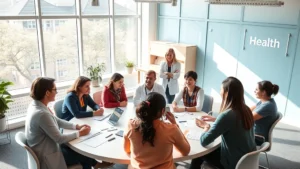 Modern health sciences classroom with diverse students engaged in collaborative discussion around a round table, natural sunlight streaming through large windows, professional yet welcoming atmosphere