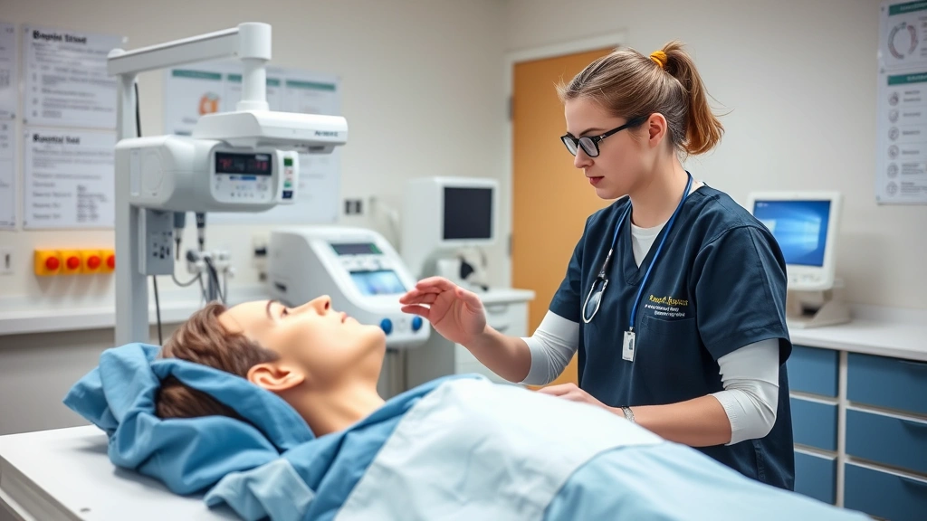Student in clinical simulation lab practicing patient assessment techniques on high-fidelity mannequin, focused concentration, realistic medical equipment visible, bright educational setting