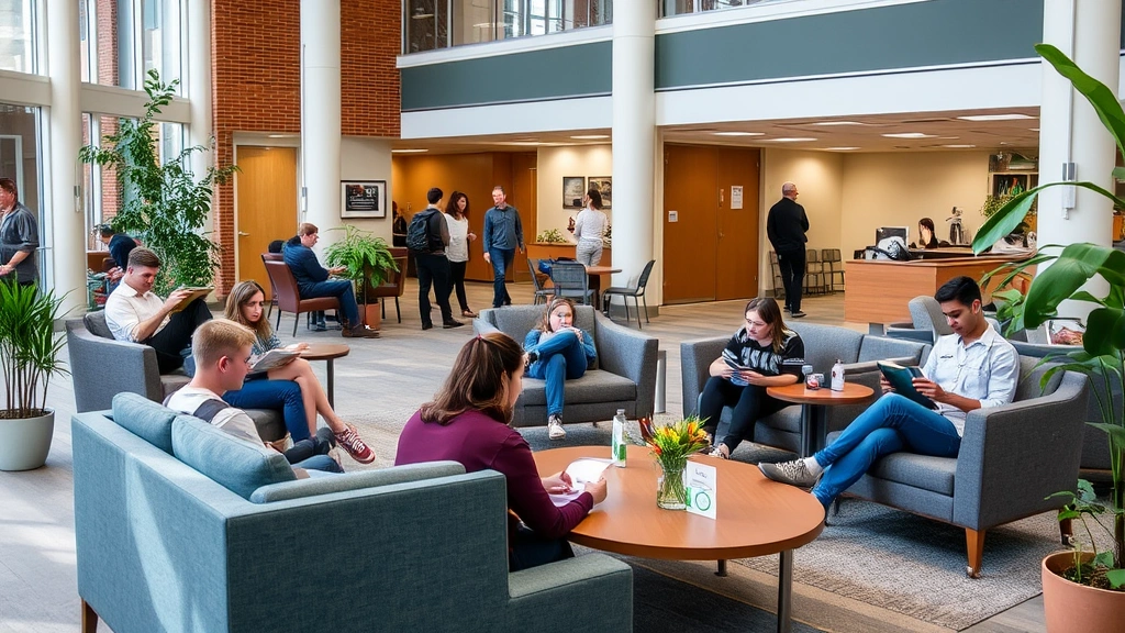 Campus wellness space with students studying and relaxing on comfortable seating, some reading, others in conversation, plants and natural elements visible, calm and supportive environment