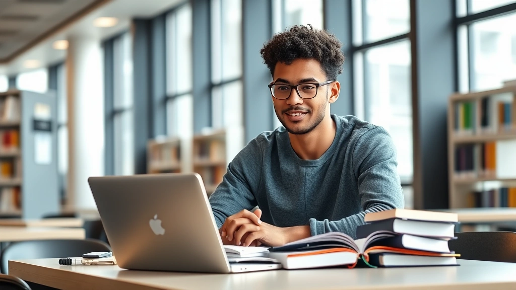 Young diverse public health graduate student studying at modern university library desk with laptop and textbooks, natural window lighting, focused expression, contemporary academic environment