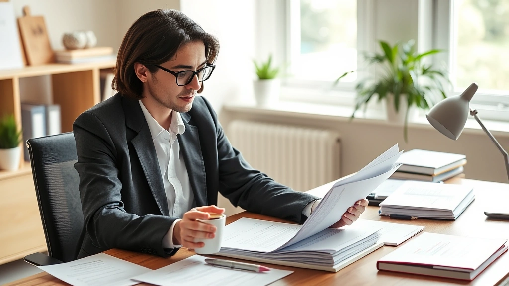 Professional public health worker reviewing loan documents at home office desk with coffee, organized financial planning materials, natural daylight, thoughtful contemplative expression