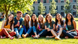 A diverse group of smiling college students sitting together outdoors on a sunny campus quad, holding water bottles and healthy snacks, relaxed and happy expressions, natural daylight, vibrant green grass