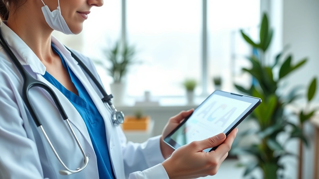 Professional healthcare professional in modern clinic using tablet computer, bright natural lighting, patient confidentiality visible on screen, serene medical office environment with plants