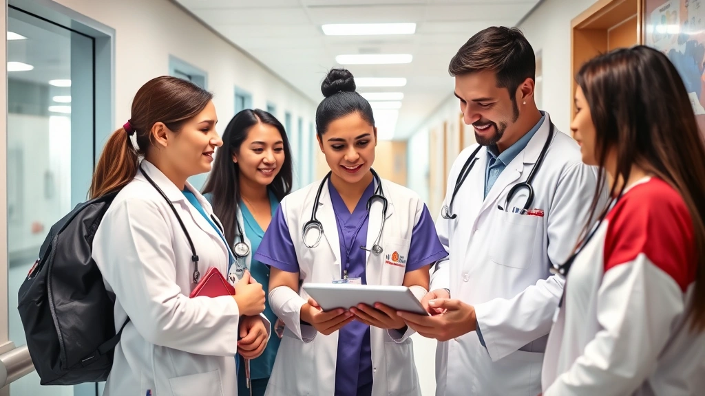 Diverse healthcare team in hospital hallway reviewing patient information on digital tablet, collaborative atmosphere, modern medical facility with contemporary design elements