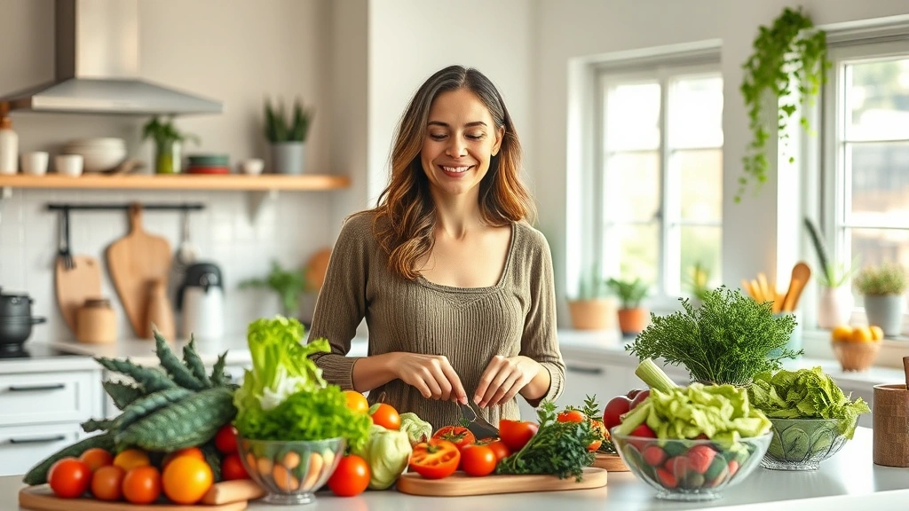 Peaceful woman in modern kitchen preparing fresh colorful vegetables and salad ingredients, natural lighting through windows, healthy lifestyle atmosphere, warm tones