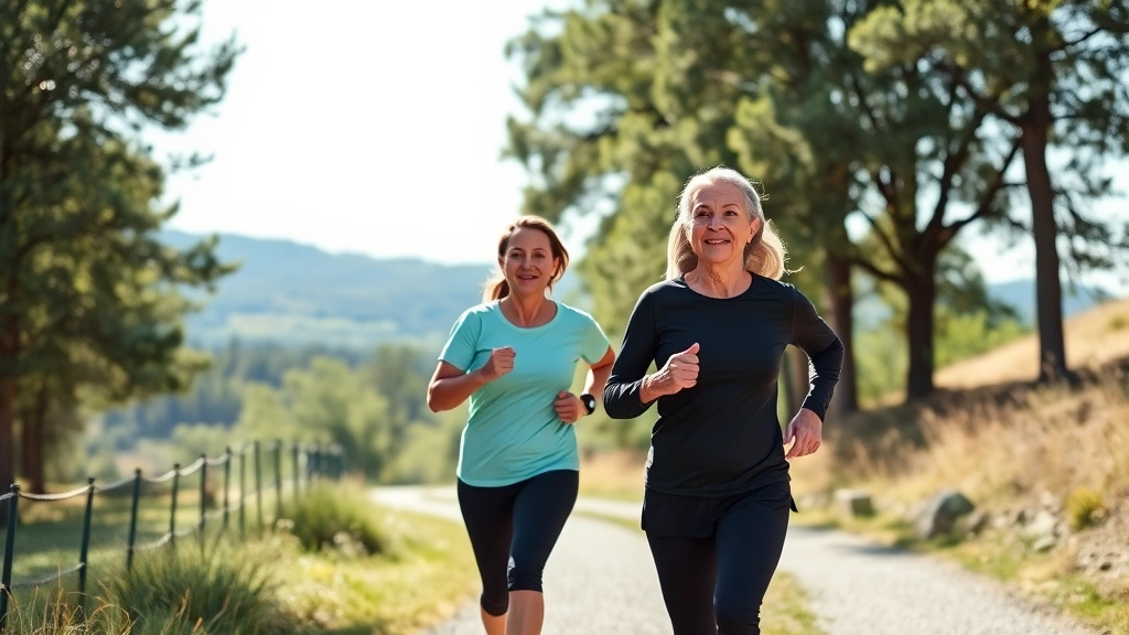 Active mature couple jogging together on scenic tree-lined path on sunny day, athletic wear, natural landscape background, energetic and healthy appearance