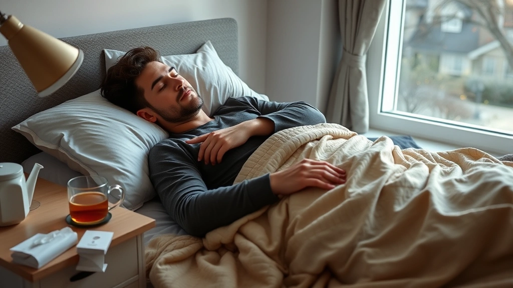 Person resting at home in bed with warm tea on nightstand, soft blankets, tissues nearby, window showing daytime outside, peaceful recovery environment, natural lighting from window