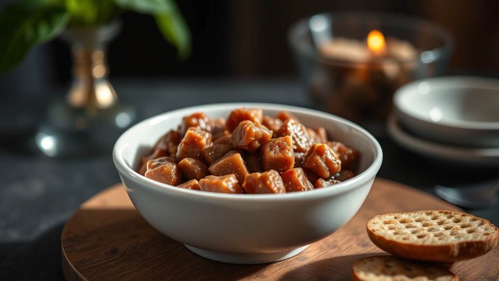 Close-up of premium wet cat food in elegant bowl, gourmet pâté texture, soft natural lighting, luxurious presentation, minimalist table setting, professional food photography