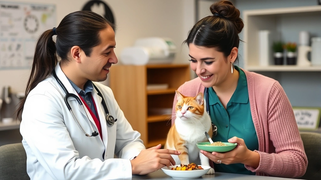Veterinarian consulting with cat owner about pet nutrition, clinic setting, professional environment, discussing food options, caring interaction, medical credibility
