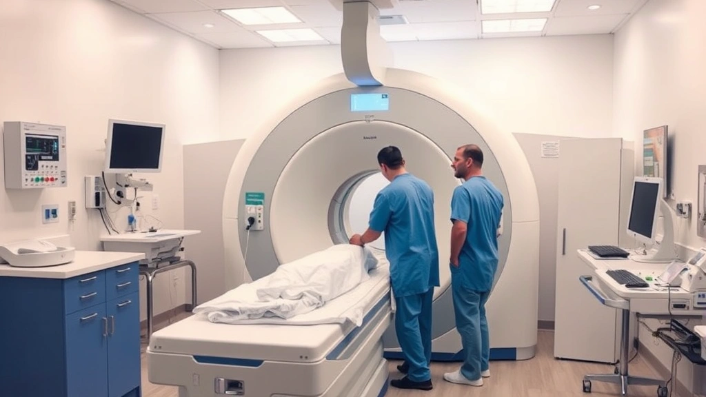 State-of-the-art medical imaging room with MRI machine, professional medical technologists preparing patient, clean modern environment, advanced healthcare technology visible