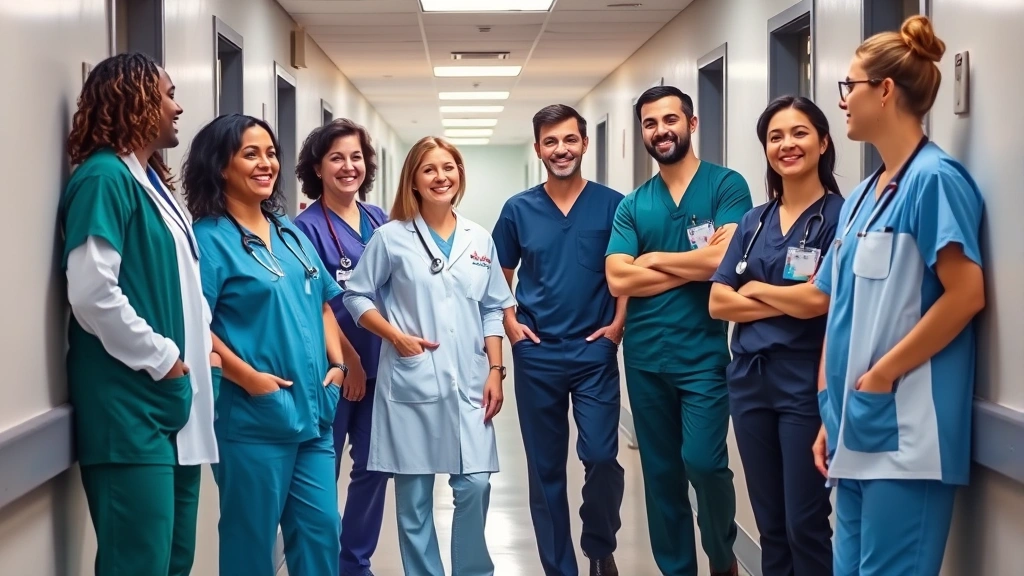 Diverse healthcare team of doctors and nurses in scrubs collaborating in hospital corridor, smiling colleagues, modern medical facility hallway, professional medical setting