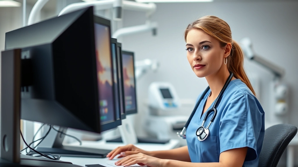 Registered nurse in clinical uniform working at modern medical station with computer monitors, stethoscope visible, focused expression, natural hospital lighting with patient care equipment in background