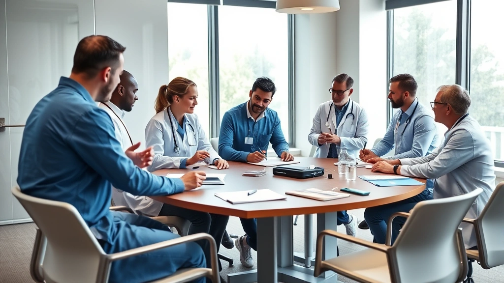 Healthcare professionals in meeting room during training session, diverse group taking notes and discussing, modern conference table with healthcare materials, natural window lighting creating professional atmosphere