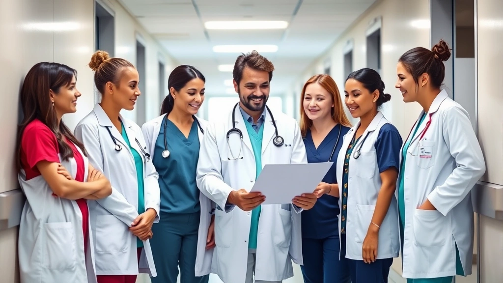 Professional healthcare team in modern hospital corridor wearing scrubs and white coats, collaborating around patient chart, natural lighting, diverse group, modern medical facility background