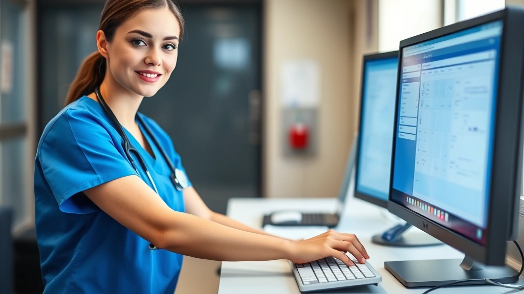 Confident nurse in blue scrubs using electronic health record system at modern computer workstation, hospital setting, focused expression, contemporary medical technology visible, natural daylight