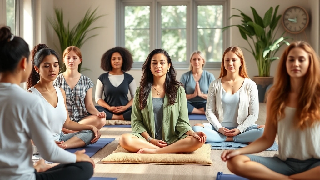 Group of diverse professionals in wellness center doing guided meditation, peaceful atmosphere, natural lighting, sitting on cushions, calm focused faces