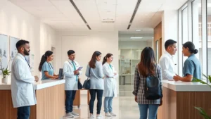 Modern medical clinic reception area with professional staff assisting diverse patients during check-in, bright contemporary healthcare environment with welcoming atmosphere and natural lighting