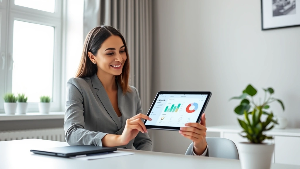 Professional woman sitting at home office desk, smiling while using tablet displaying health dashboard interface, bright natural window lighting, modern minimalist desk setup with plants