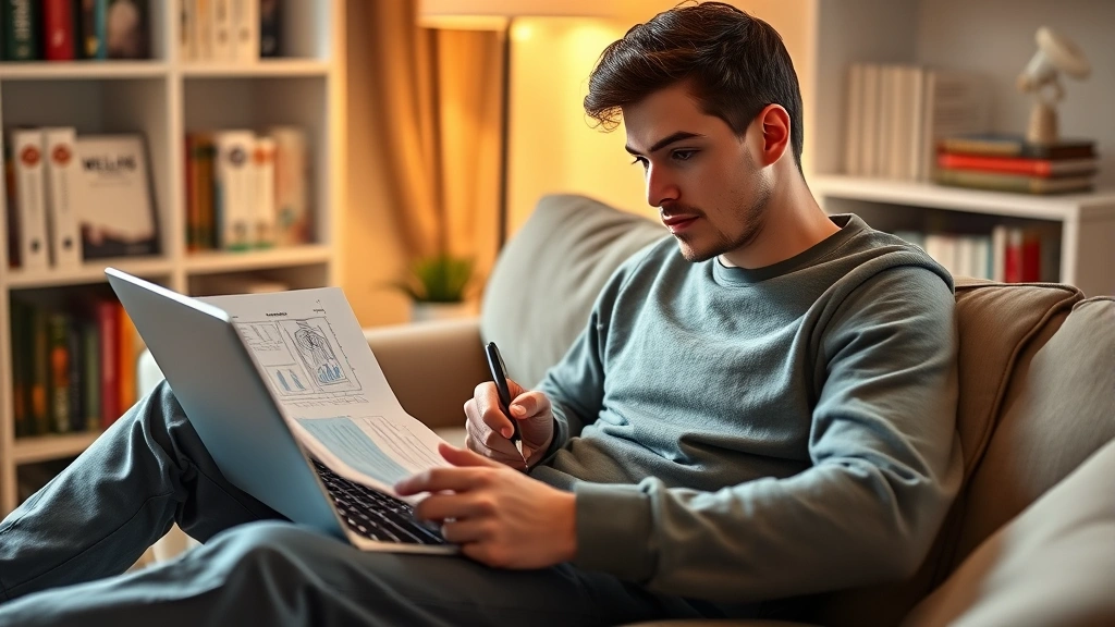 Young patient in comfortable clothing reviewing medical documents on laptop, taking notes with pen, coffee cup nearby, calm home environment with soft warm lighting and wellness books visible