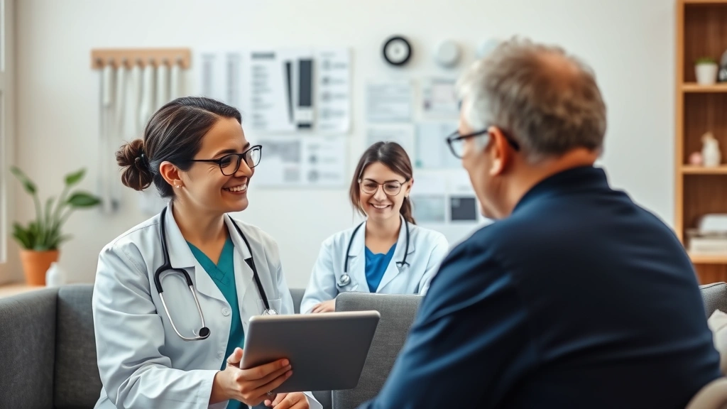 Healthcare provider and patient having virtual consultation on tablet screen, showing trust and communication, professional but warm setting with medical charts visible in background, caring atmosphere