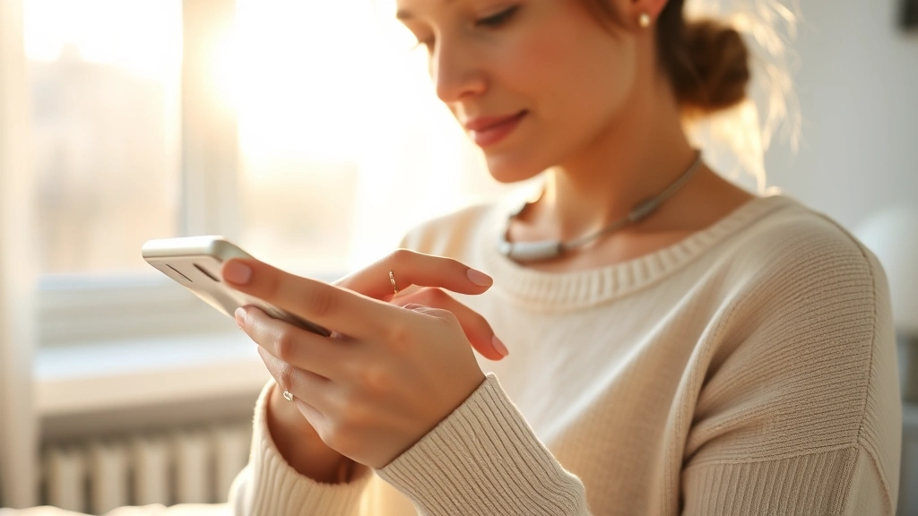 Woman wearing elegant titanium health ring on finger, checking smartphone health app, morning sunlight streaming through modern bedroom window, minimalist aesthetic, peaceful wellness moment