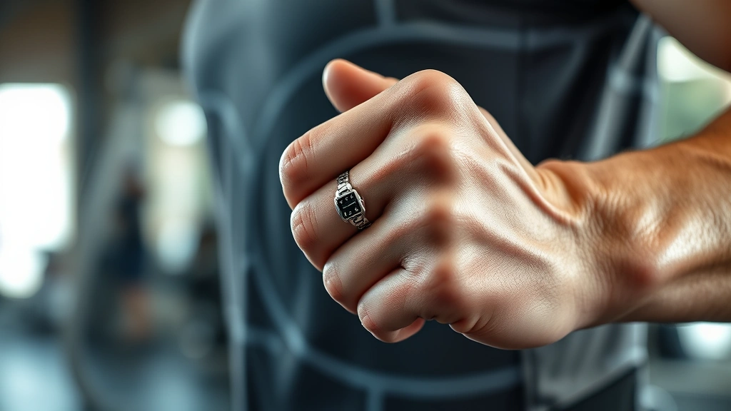 Close-up of Vital Health Ring on person's hand during workout, sweat visible, showing durability and comfort during intense exercise, gym environment, professional photography