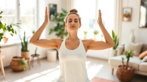 Woman practicing yoga in sunlit living room with plants, peaceful expression, morning wellness routine, natural light streaming through windows, serene indoor environment