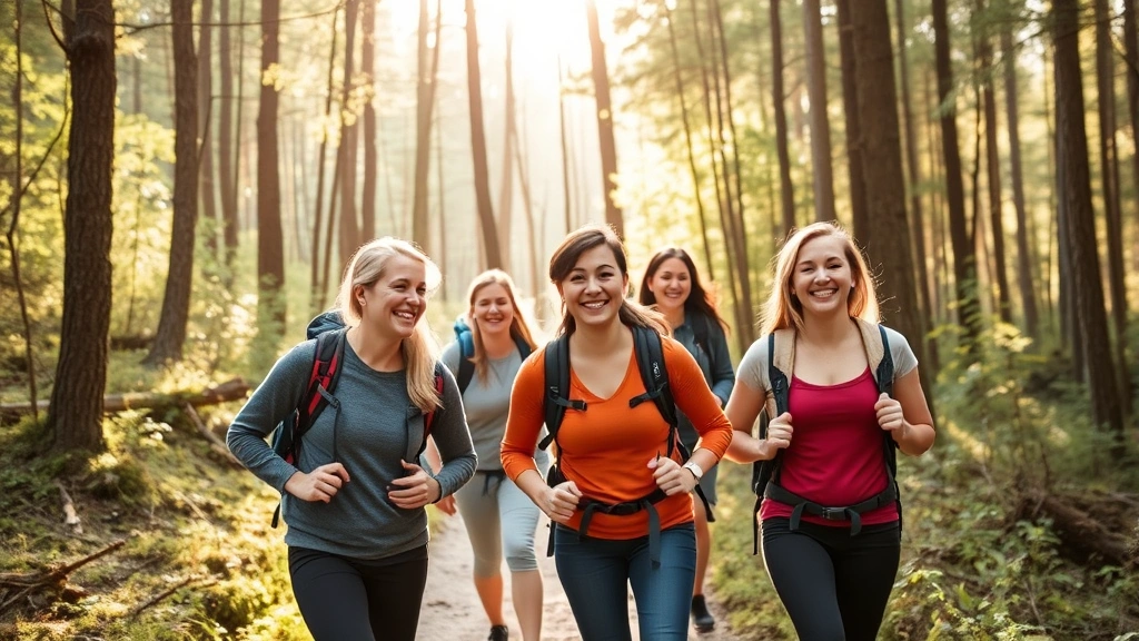 Group of friends hiking together on forest trail, outdoor wellness activity, smiling faces, natural landscape, community health engagement, warm sunlight filtering through trees