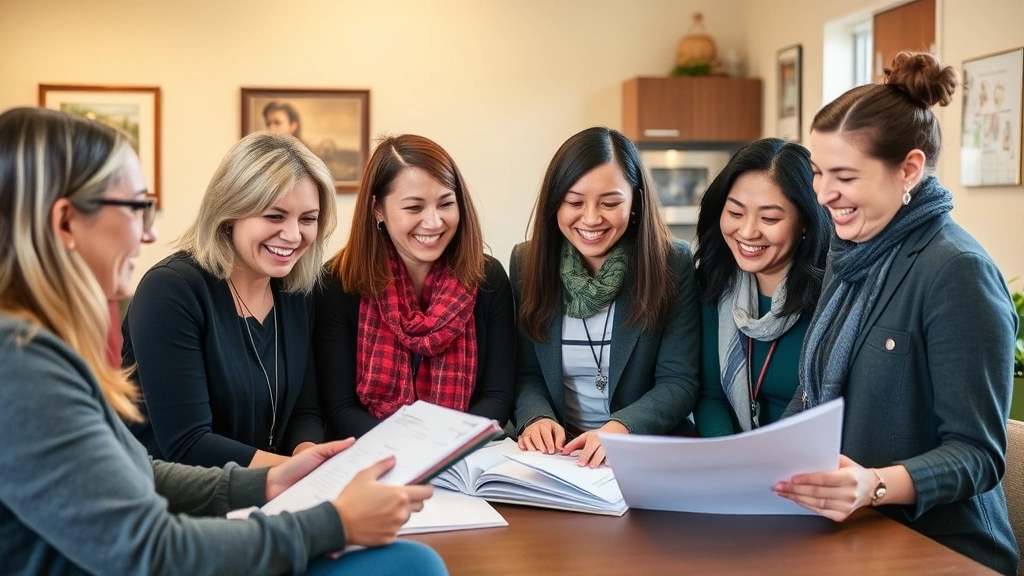 Diverse group of volunteers in a community mental health center, smiling while reviewing client files together, warm lighting, professional yet compassionate atmosphere, real people helping people