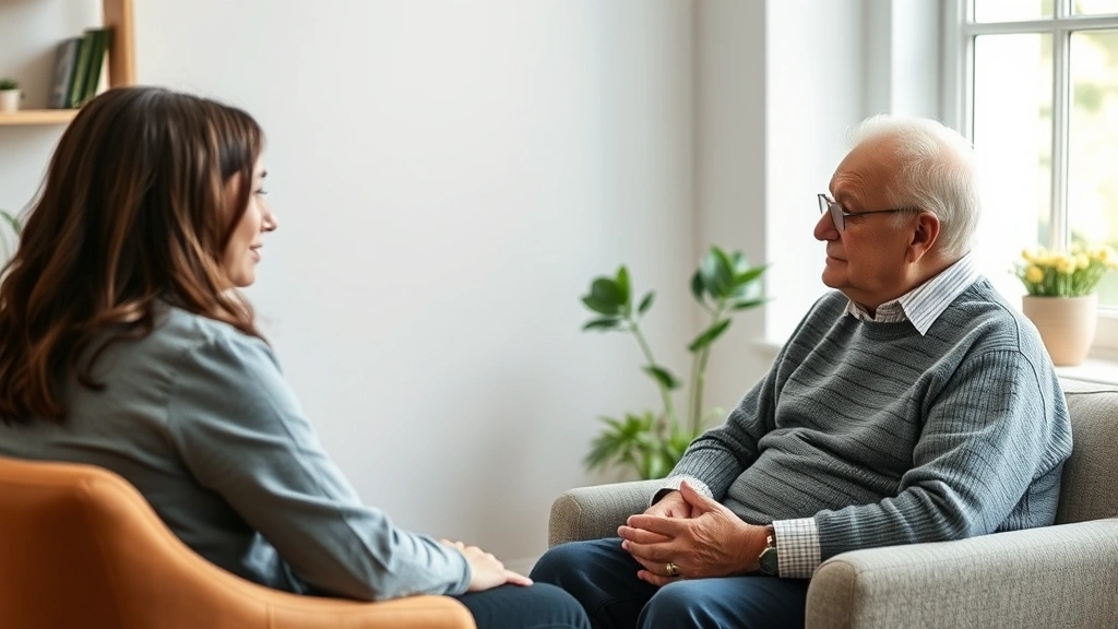 Young volunteer listening intently to an older client during a one-on-one counseling session, comfortable seating, natural window light, genuine human connection and active listening captured