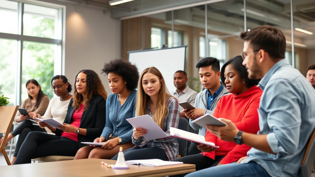 Volunteer training session with diverse participants taking notes, engaged in learning, modern conference room, inclusive and supportive educational environment, diverse group dynamics