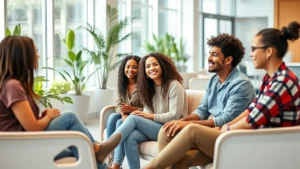 Young diverse college students in casual clothing sitting in a modern, bright health center waiting room with comfortable seating, natural light from large windows, plants, and welcoming atmosphere