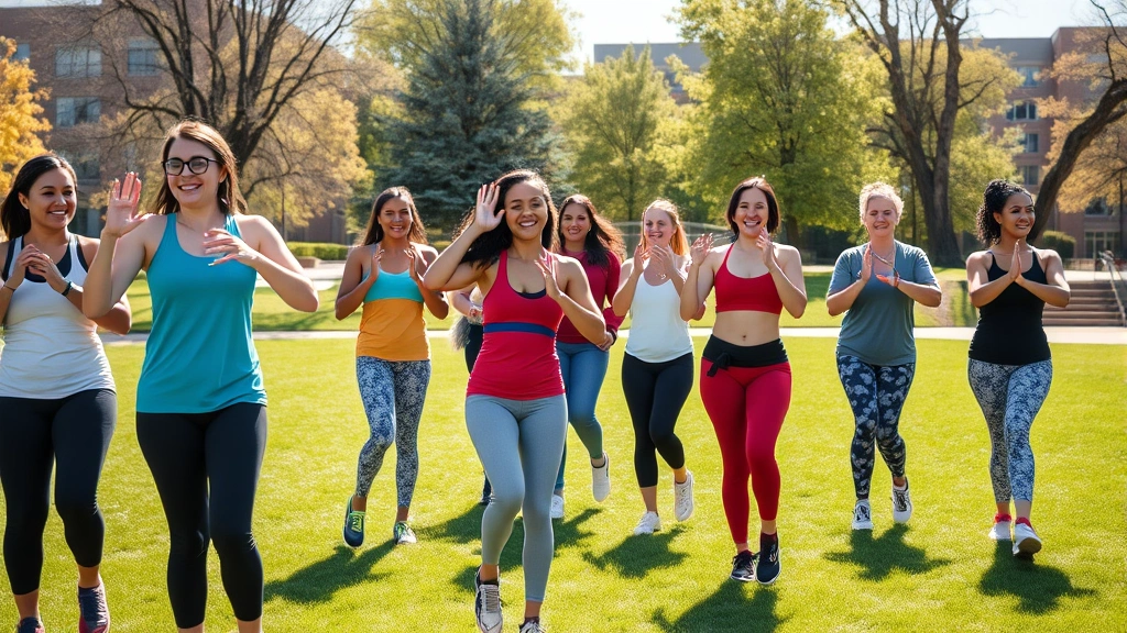 Group of college students participating in outdoor wellness activity on campus, exercising together in athletic wear, sunny day, green grass, diverse group laughing and engaged