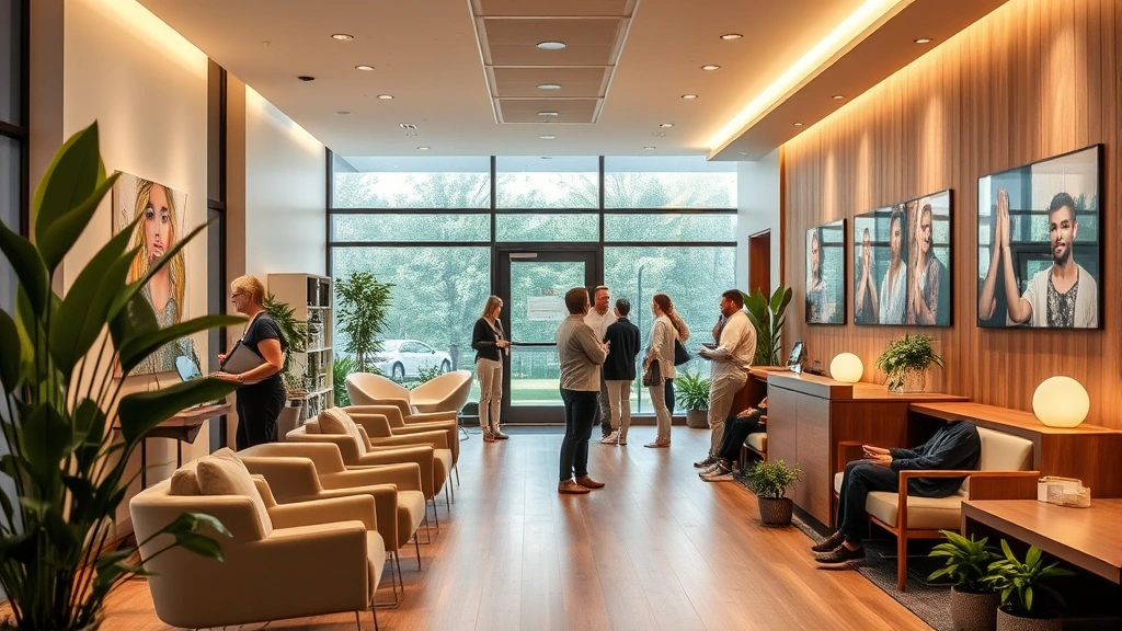 Modern wellness center reception area with warm lighting, comfortable seating, living green plants, natural wood accents, peaceful atmosphere, diverse patients checking in, professional staff in welcoming environment