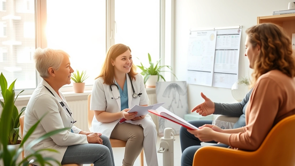 Holistic healthcare practitioners meeting with patient in bright clinical space, reviewing personalized wellness plan, collaborative discussion atmosphere, charts and health data visible, natural light streaming through windows