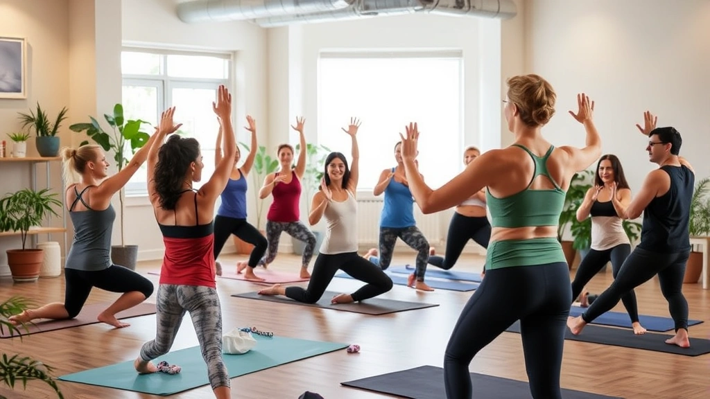 Group fitness class at health center, diverse participants in yoga poses on mats, instructor demonstrating, serene studio with plants and soft lighting, genuine smiling faces, inclusive wellness community environment
