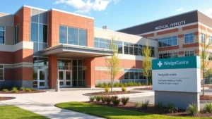 Modern healthcare facility exterior with welcoming entrance, landscaped grounds, accessible parking areas, and professional signage in natural daylight showcasing medical building architecture