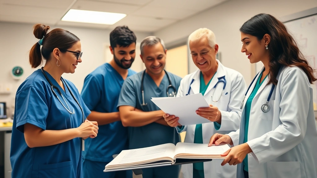 Diverse medical professionals in clinical setting collaborating over patient charts, wearing scrubs and white coats, warm lighting, friendly professional atmosphere demonstrating teamwork