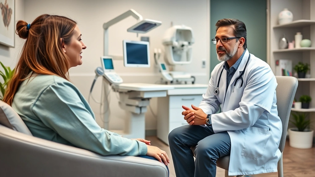 Patient in comfortable medical office consulting with healthcare provider, modern examination room with advanced equipment, warm tones, professional yet approachable medical environment