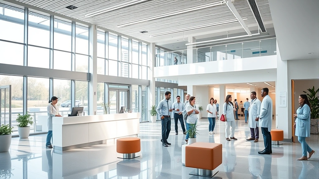 Modern healthcare facility lobby with welcoming reception desk, natural lighting streaming through large windows, comfortable seating areas, and diverse patients and staff interacting professionally in contemporary medical building