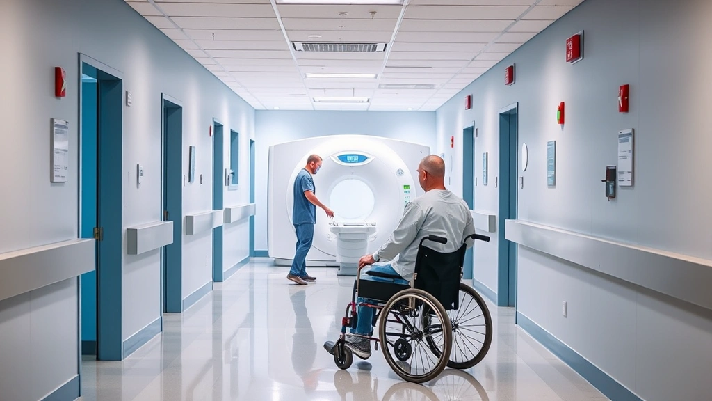 Bright diagnostic imaging department hallway with MRI machine visible through doorway, calming blue and white color scheme, medical staff assisting patient in wheelchair, clean modern hospital corridor with directional signage