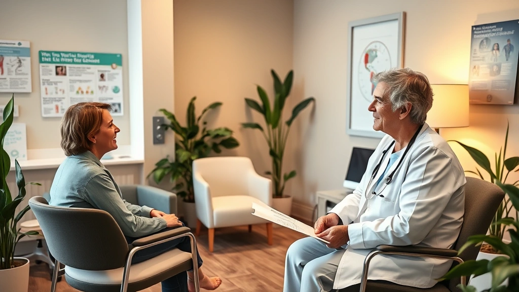 Wellness center interior featuring comfortable patient consultation room with ergonomic furniture, health education materials on walls, natural plants, warm lighting, and healthcare provider discussing treatment plan with middle-aged patient