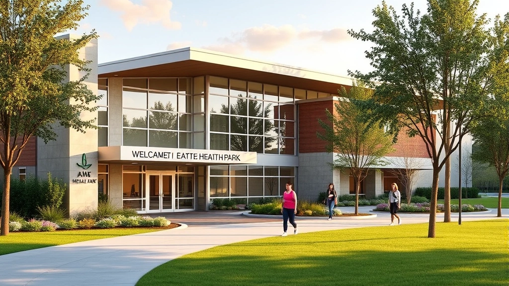 Modern health park facility exterior with contemporary architecture, lush landscaping, welcoming entrance, natural lighting, peaceful suburban setting, people walking outdoors in wellness attire
