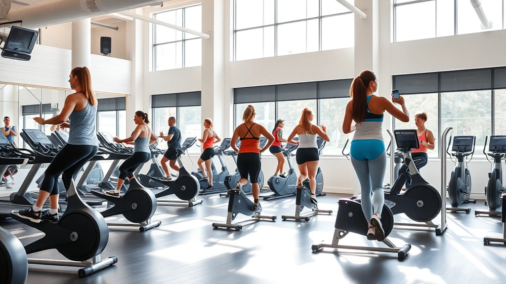 Bright fitness center interior with diverse individuals exercising on cardio equipment, strength training machines, natural windows, clean modern aesthetic, motivational atmosphere
