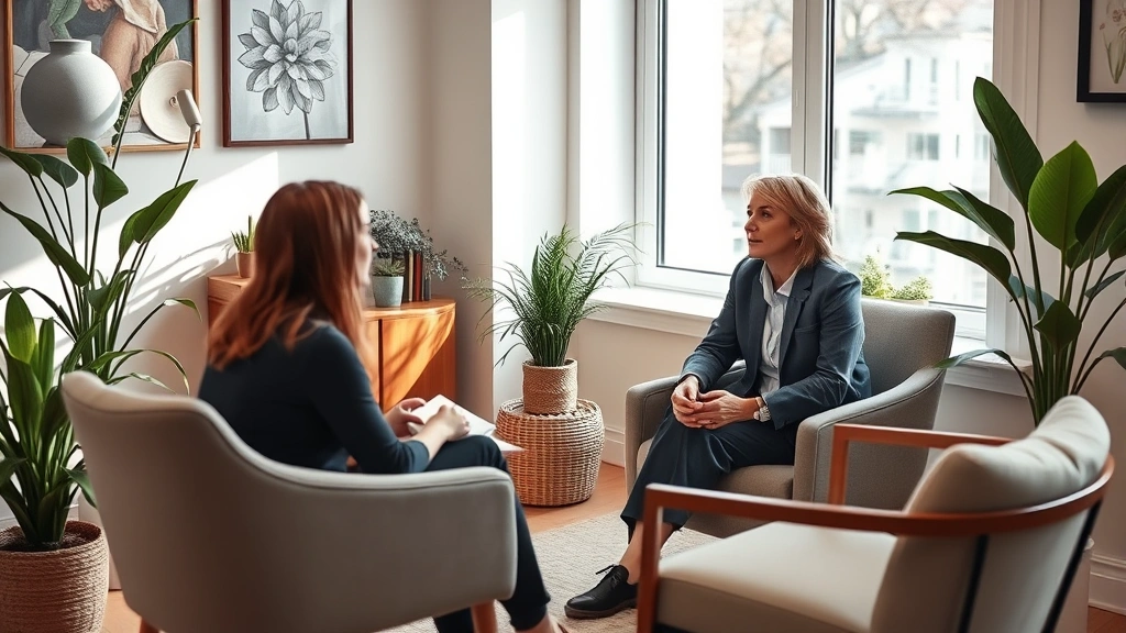 Professional therapist in calm office setting during mental health consultation, comfortable seating, plants, natural light, warm inviting space promoting wellness and trust