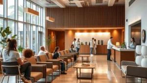 Modern healthcare facility waiting room with warm lighting, comfortable seating, welcoming reception desk, diverse patients checking in, contemporary interior design, natural elements, calm atmosphere, professional staff interaction