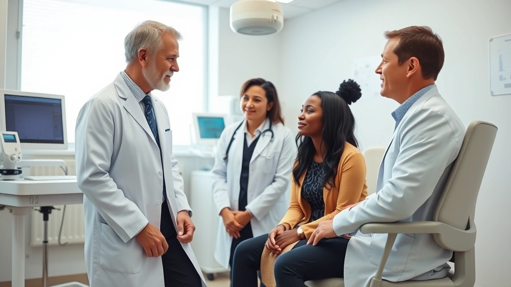 Physician in white coat consulting with patient in bright examination room, state-of-the-art medical equipment visible, attentive listening posture, trust-building interaction, diverse representation, professional yet warm environment, modern medical technology