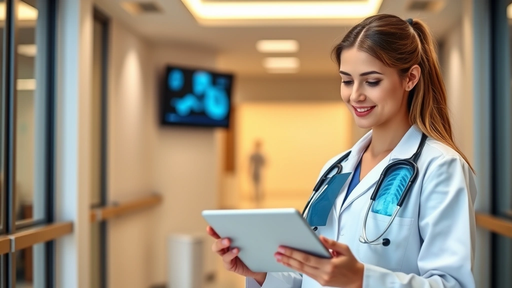 Professional female doctor in white coat reviewing medical imaging on digital tablet in modern hospital consultation room, warm lighting, confident expression, stethoscope around neck, contemporary healthcare setting