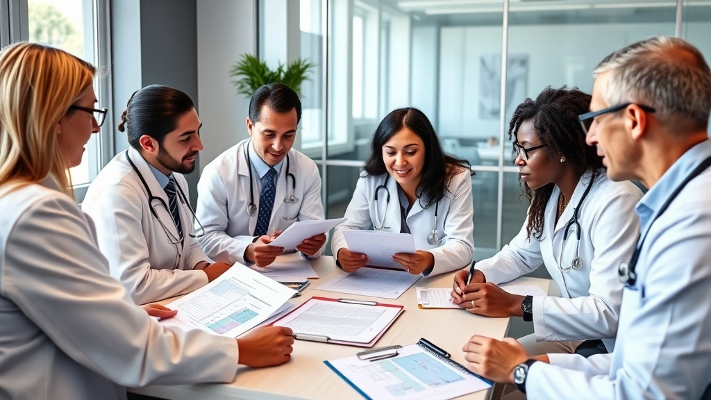 Diverse group of physicians in conference room discussing patient case files and medical charts together, collaborative healthcare environment, natural daylight, professional attire, engaged discussion